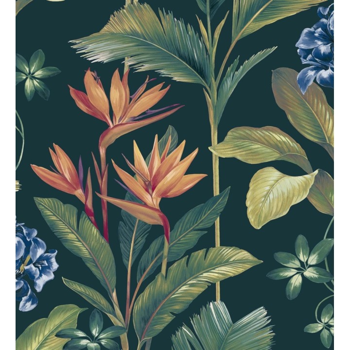 Papel pintado de flores del paraíso y hojas estilo tropical fondo azul petróleo - Mia Orchid 682879