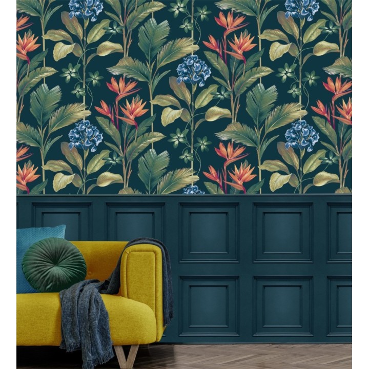 Papel pintado de flores del paraíso y hojas estilo tropical fondo azul petróleo - Mia Orchid 682879