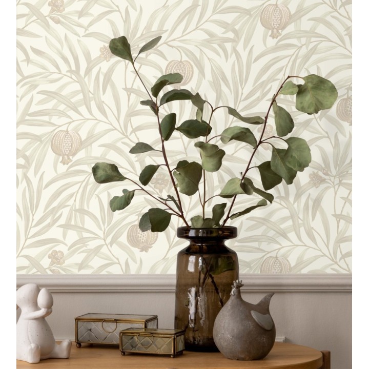 Papel pintado de frutos beige y hojas gris claro fondo blanco - Parisian Fruit 682883