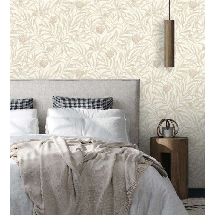 Papel pintado de frutos beige y hojas gris claro fondo blanco - Parisian Fruit 682883