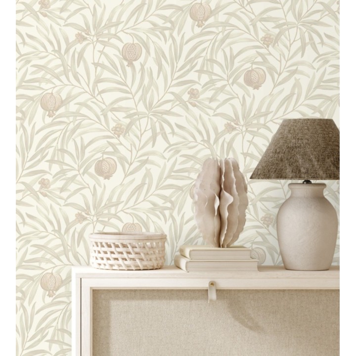 Papel pintado de frutos beige y hojas gris claro fondo blanco - Parisian Fruit 682883