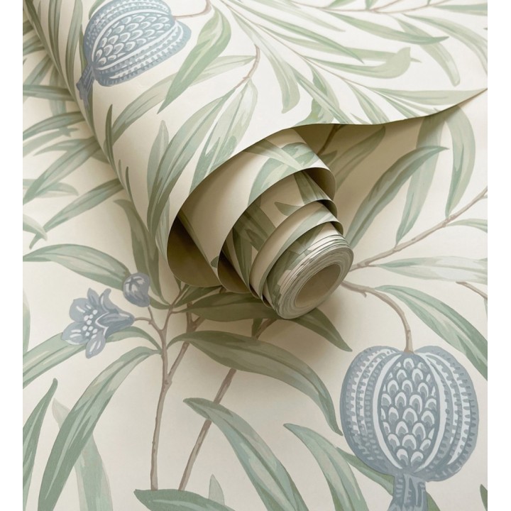 Papel pintado de frutos azules y hojas verdes fondo marfil claro - Parisian Fruit 682884