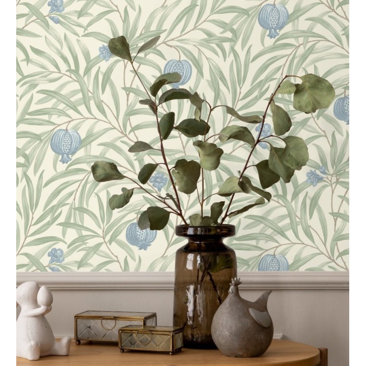 Papel pintado de frutos azules y hojas verdes fondo marfil claro - Parisian Fruit 682884