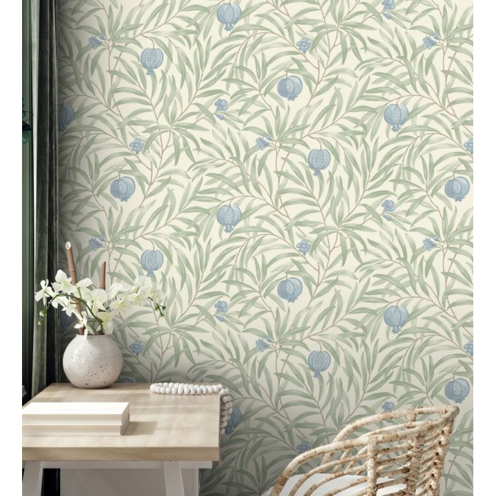 Papel pintado de frutos azules y hojas verdes fondo marfil claro - Parisian Fruit 682884