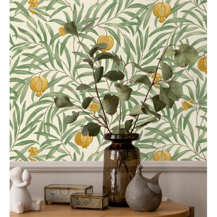 Papel pintado de frutos ocre  y hojas verde fondo marfil claro - Parisian Fruit 682885