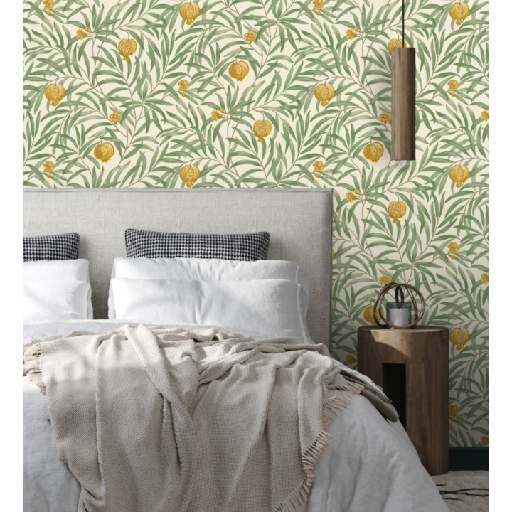 Papel pintado de frutos ocre  y hojas verde fondo marfil claro - Parisian Fruit 682885