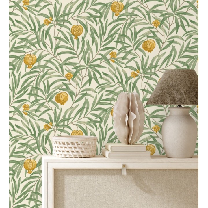Papel pintado de frutos ocre  y hojas verde fondo marfil claro - Parisian Fruit 682885