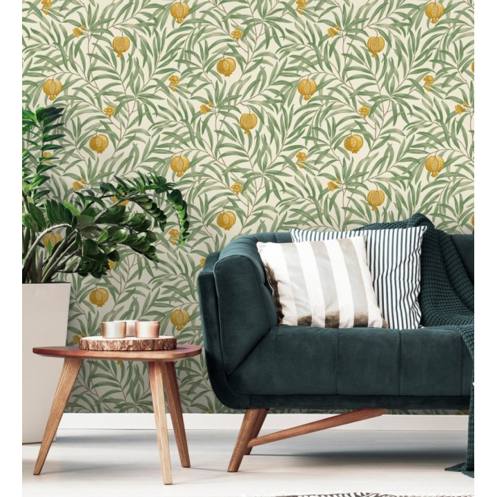 Papel pintado de frutos ocre  y hojas verde fondo marfil claro - Parisian Fruit 682885