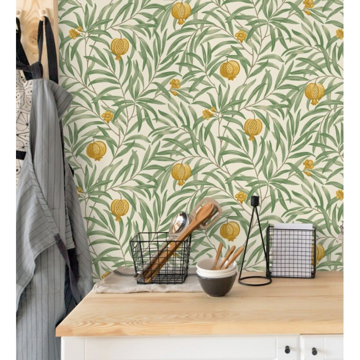 Papel pintado de frutos ocre  y hojas verde fondo marfil claro - Parisian Fruit 682885