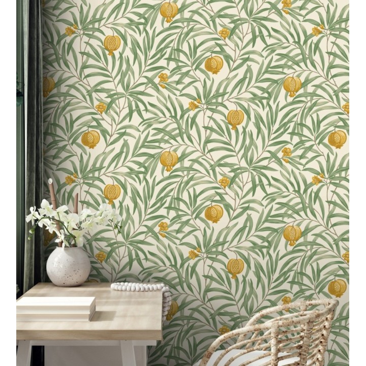 Papel pintado de frutos ocre  y hojas verde fondo marfil claro - Parisian Fruit 682885