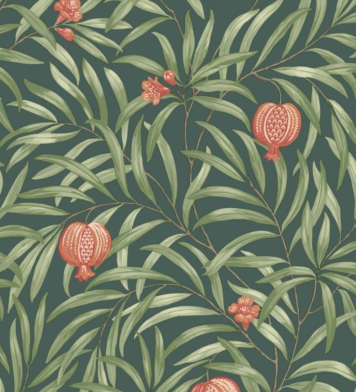 Papel pintado de frutos coral y hojas verde fondo verde oscuro - Parisian Fruit 682886