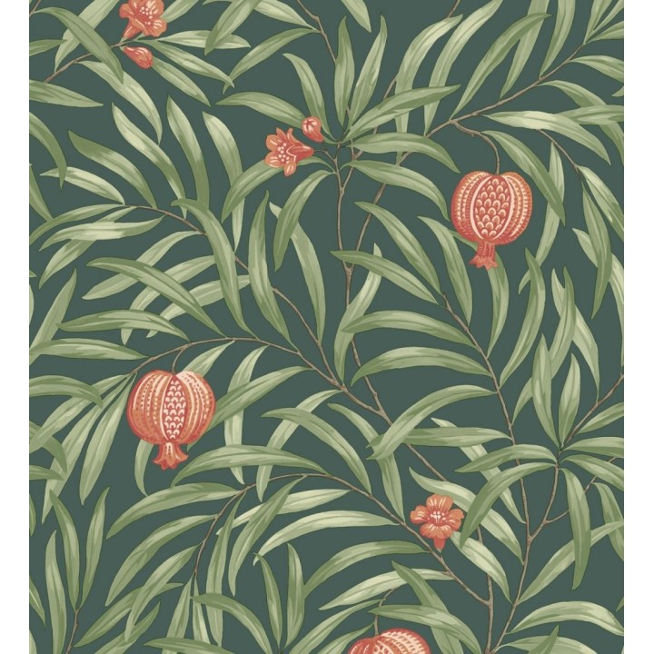 Papel pintado de frutos coral y hojas verde fondo verde oscuro - Parisian Fruit 682886
