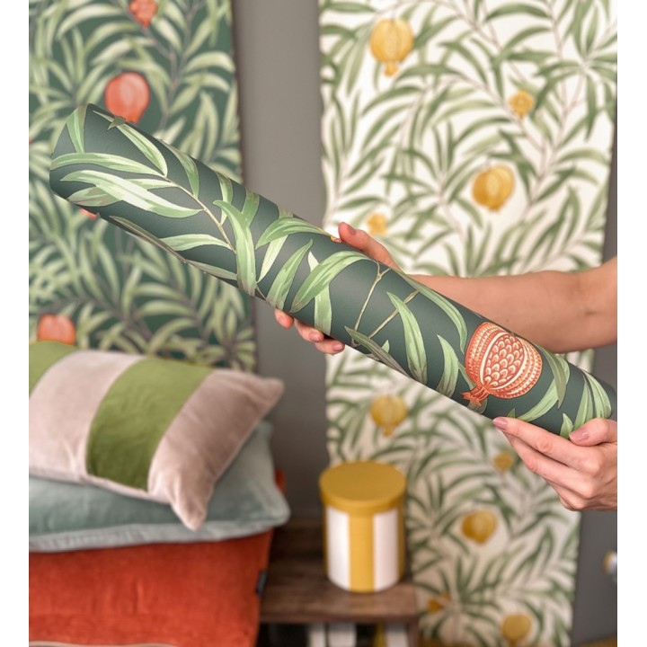 Papel pintado de frutos coral y hojas verde fondo verde oscuro - Parisian Fruit 682886