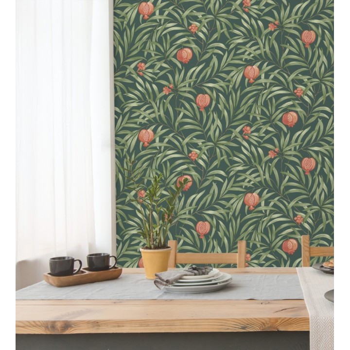 Papel pintado de frutos coral y hojas verde fondo verde oscuro - Parisian Fruit 682886