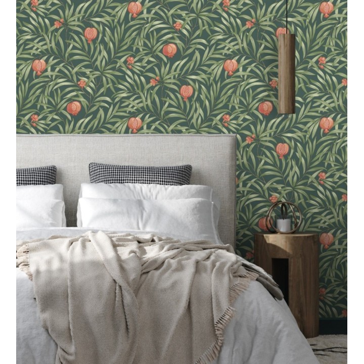 Papel pintado de frutos coral y hojas verde fondo verde oscuro - Parisian Fruit 682886