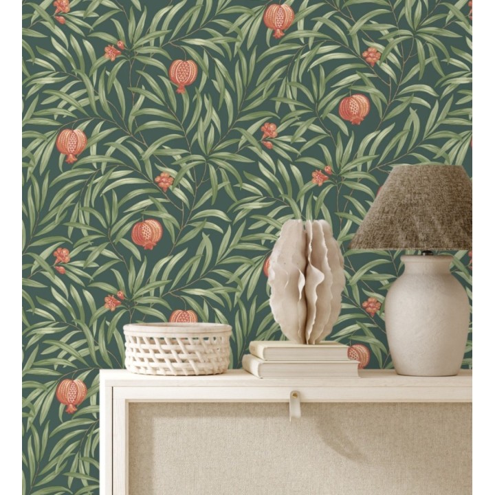 Papel pintado de frutos coral y hojas verde fondo verde oscuro - Parisian Fruit 682886