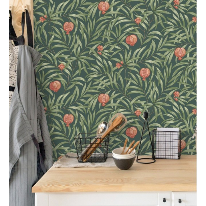 Papel pintado de frutos coral y hojas verde fondo verde oscuro - Parisian Fruit 682886