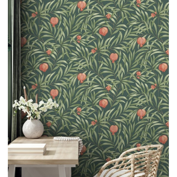 Papel pintado de frutos coral y hojas verde fondo verde oscuro - Parisian Fruit 682886