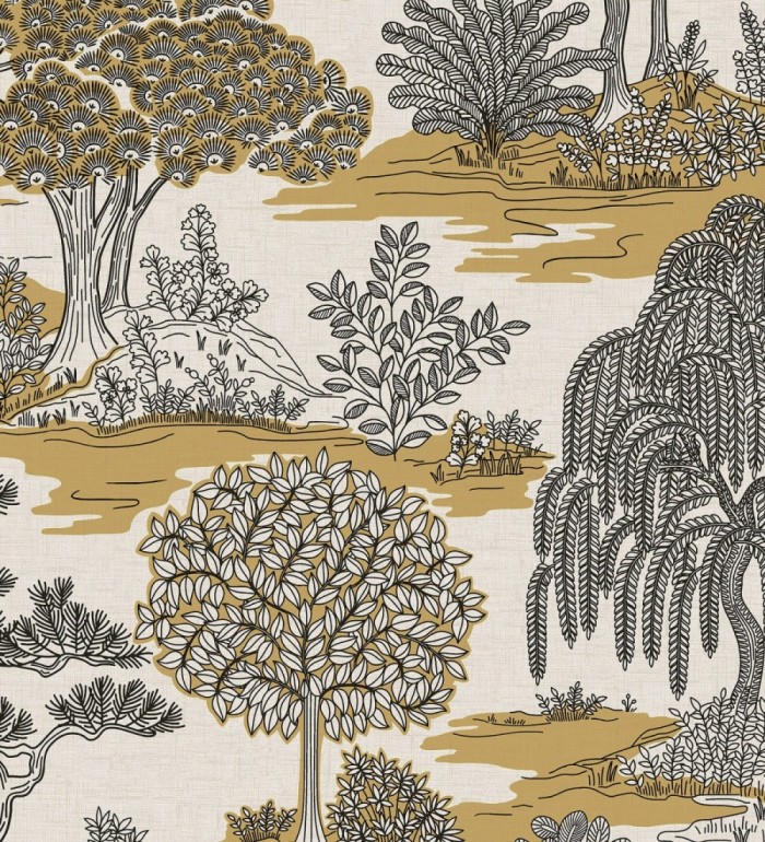Papel pintado paisaje de árboles con diseño japonés estilo toile de jouy - Renoir Symphony 682902