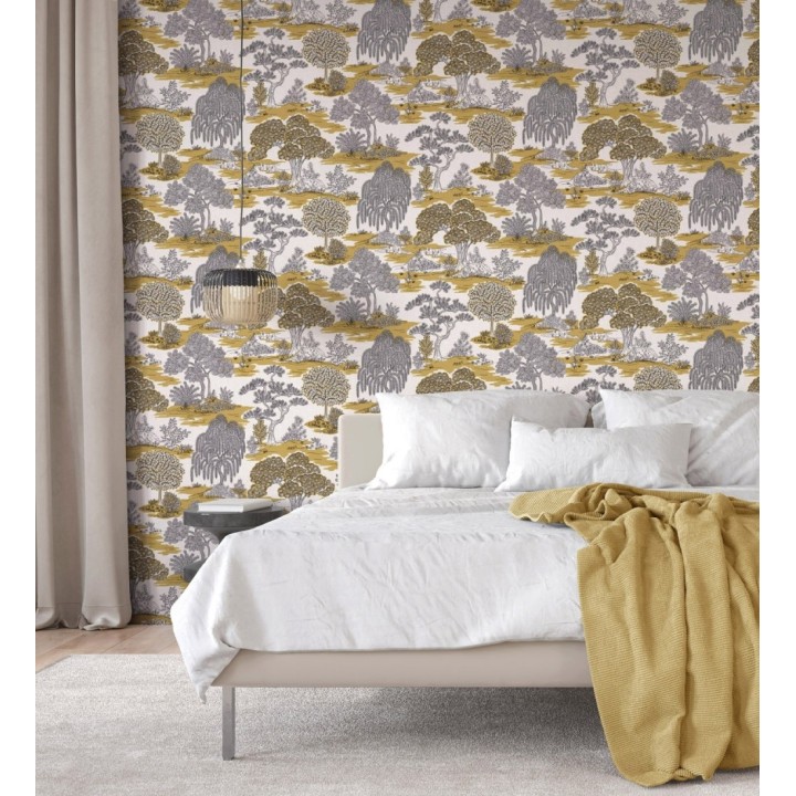 Papel pintado paisaje de árboles con diseño japonés estilo toile de jouy - Renoir Symphony 682902