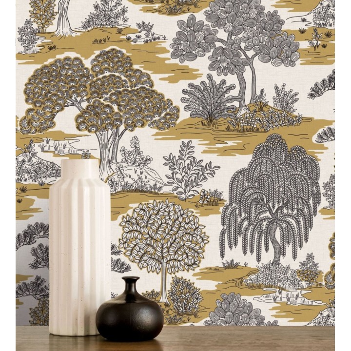 Papel pintado paisaje de árboles con diseño japonés estilo toile de jouy - Renoir Symphony 682902