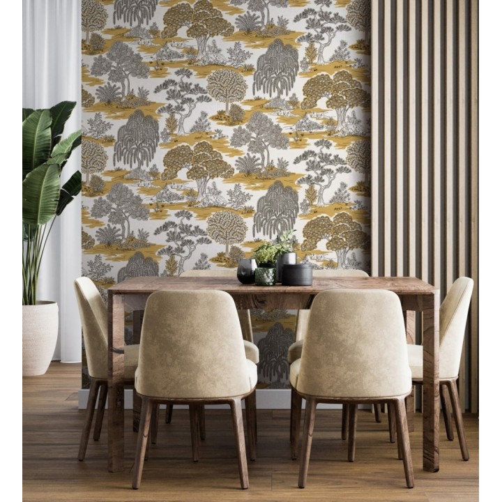 Papel pintado paisaje de árboles con diseño japonés estilo toile de jouy - Renoir Symphony 682902