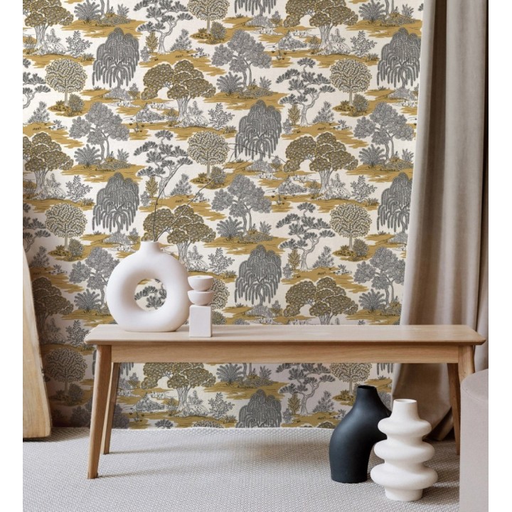Papel pintado paisaje de árboles con diseño japonés estilo toile de jouy - Renoir Symphony 682902