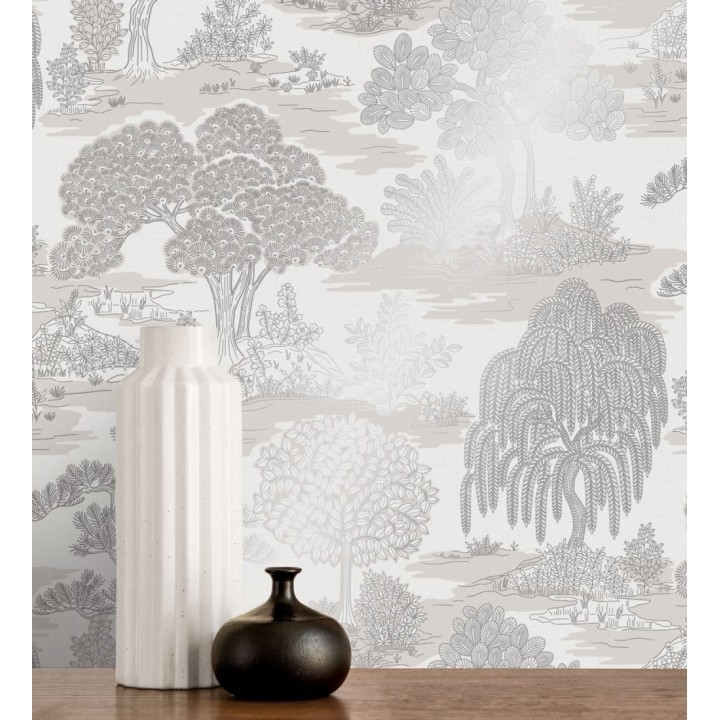 Papel pintado paisaje de árboles con diseño japonés estilo toile de jouy - Renoir Symphony 682903