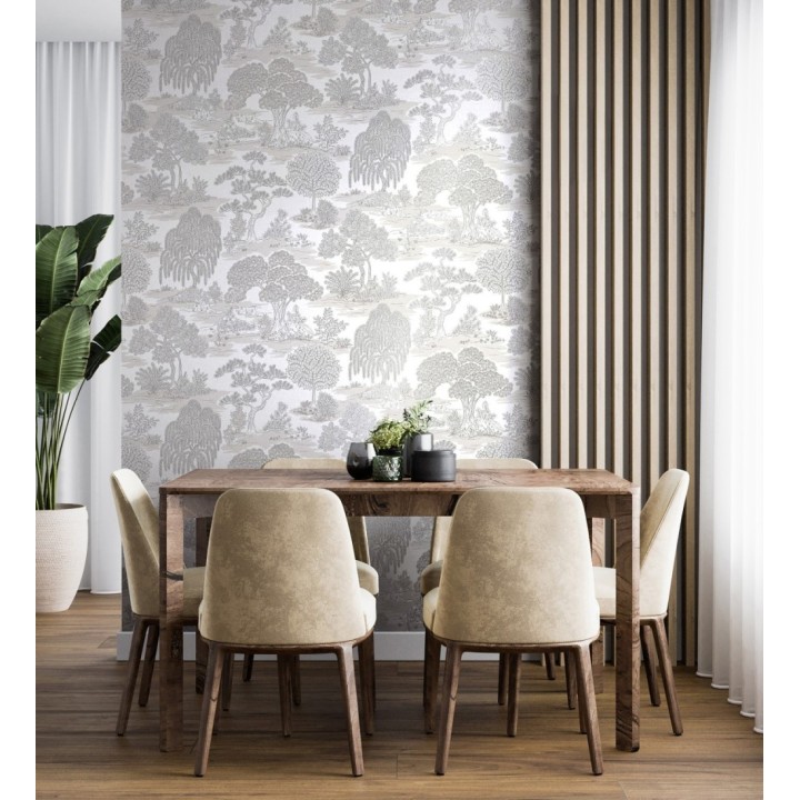 Papel pintado paisaje de árboles con diseño japonés estilo toile de jouy - Renoir Symphony 682903