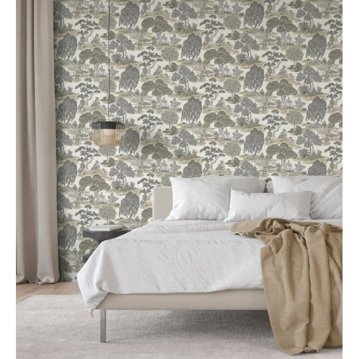 Papel pintado paisaje de árboles con diseño japonés estilo toile de jouy - Renoir Symphony 682904