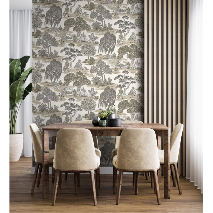 Papel pintado paisaje de árboles con diseño japonés estilo toile de jouy - Renoir Symphony 682904