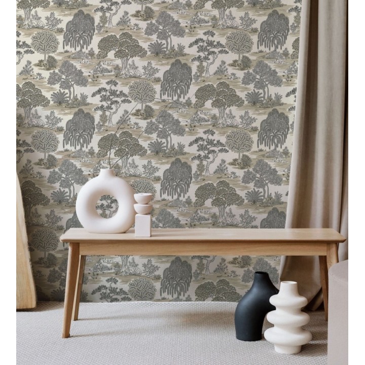 Papel pintado paisaje de árboles con diseño japonés estilo toile de jouy - Renoir Symphony 682904