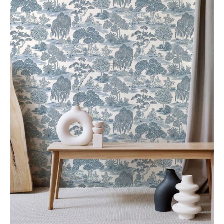 Papel pintado paisaje de árboles con diseño japonés estilo toile de jouy - Renoir Symphony 682905