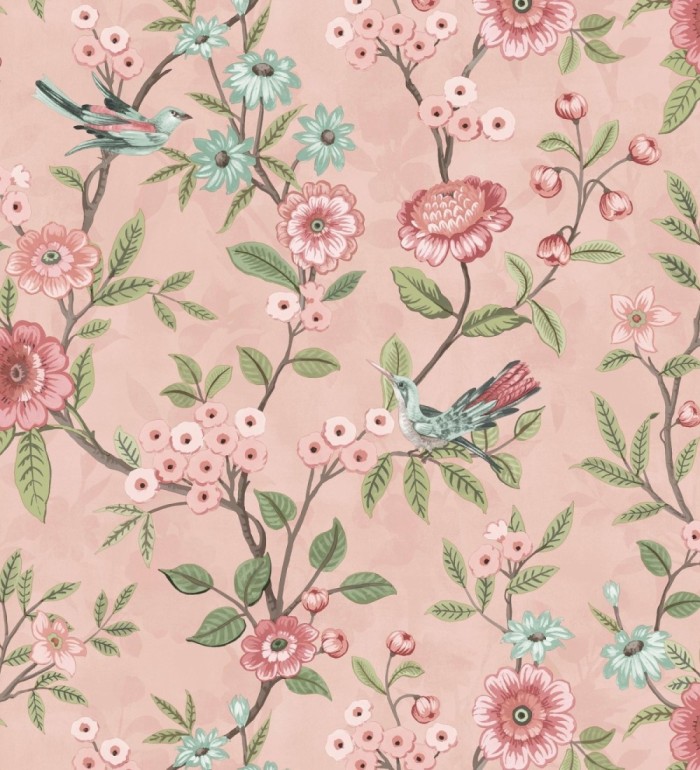 Papel pintado de flores y pájaros fondo rosa estilo floral romántico - Bird Haven 682906