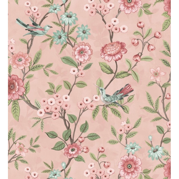 Papel pintado de flores y pájaros fondo rosa estilo floral romántico - Bird Haven 682906