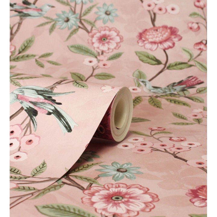 Papel pintado de flores y pájaros fondo rosa estilo floral romántico - Bird Haven 682906