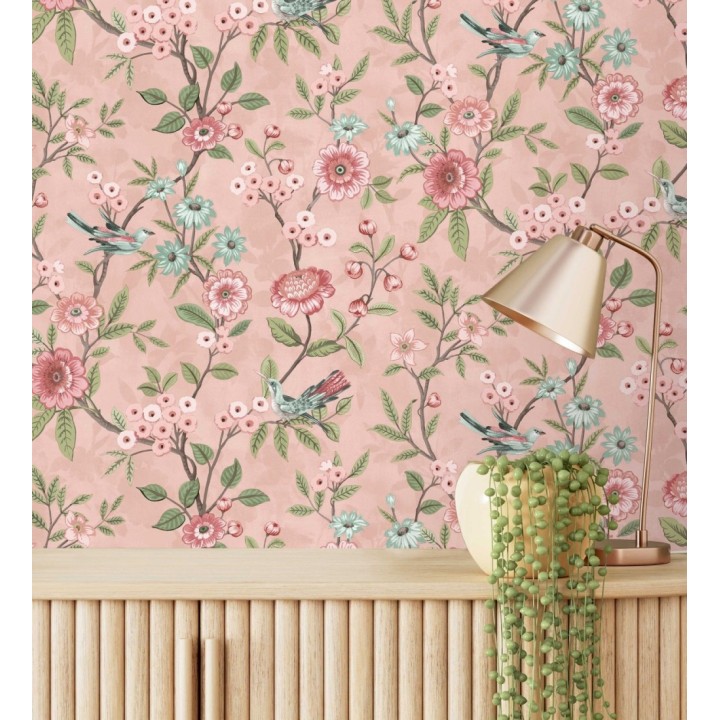 Papel pintado de flores y pájaros fondo rosa estilo floral romántico - Bird Haven 682906