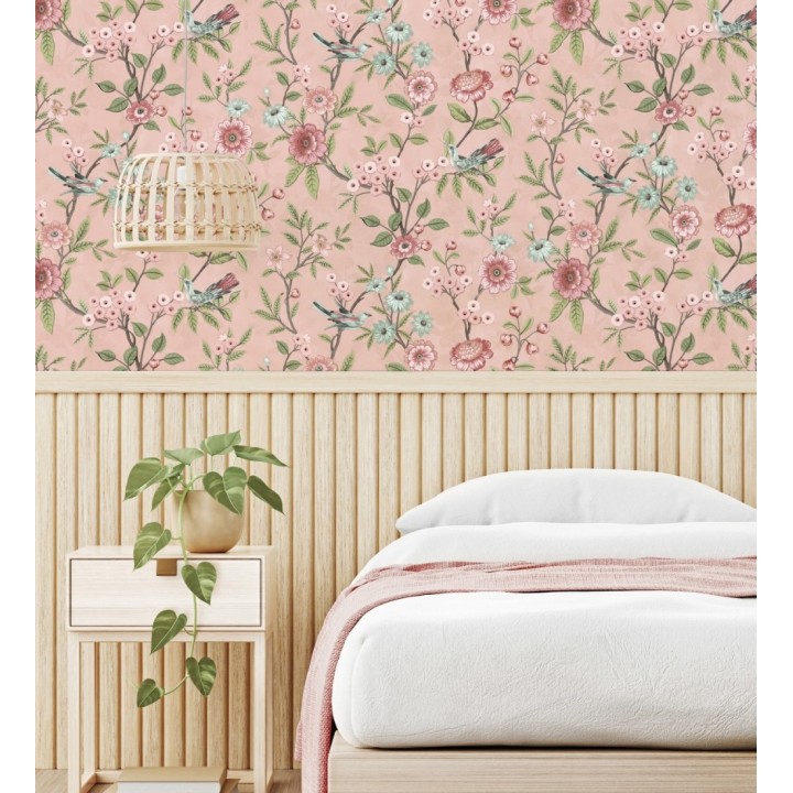 Papel pintado de flores y pájaros fondo rosa estilo floral romántico - Bird Haven 682906