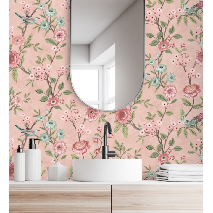 Papel pintado de flores y pájaros fondo rosa estilo floral romántico - Bird Haven 682906
