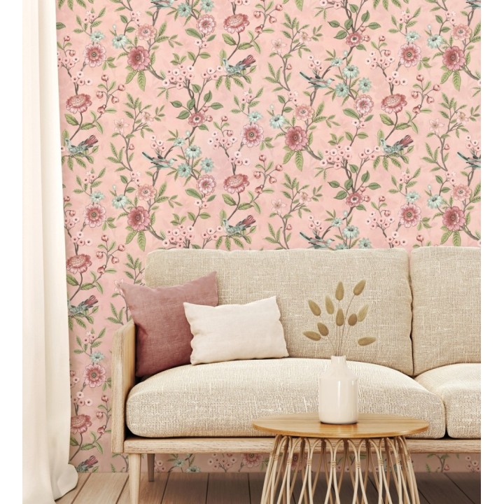 Papel pintado de flores y pájaros fondo rosa estilo floral romántico - Bird Haven 682906