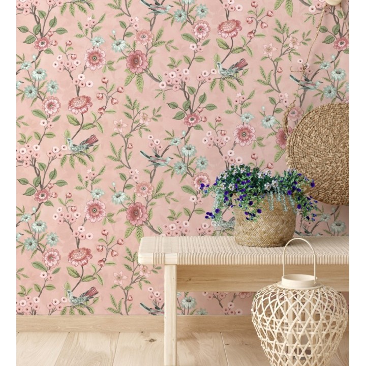 Papel pintado de flores y pájaros fondo rosa estilo floral romántico - Bird Haven 682906