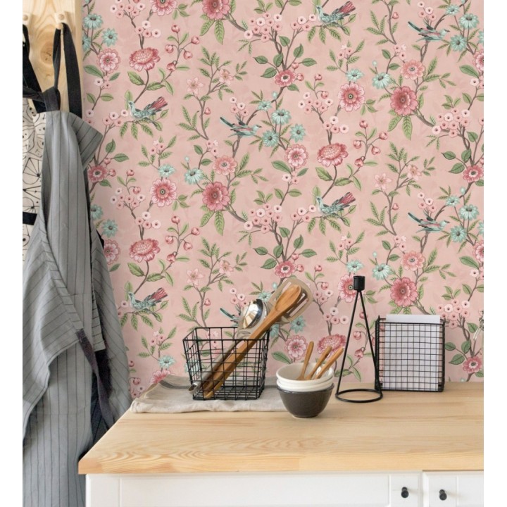 Papel pintado de flores y pájaros fondo rosa estilo floral romántico - Bird Haven 682906