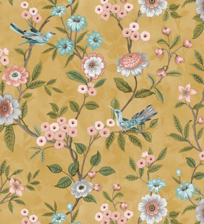 Papel pintado de flores y pájaros fondo ocre - Bird Haven 682907