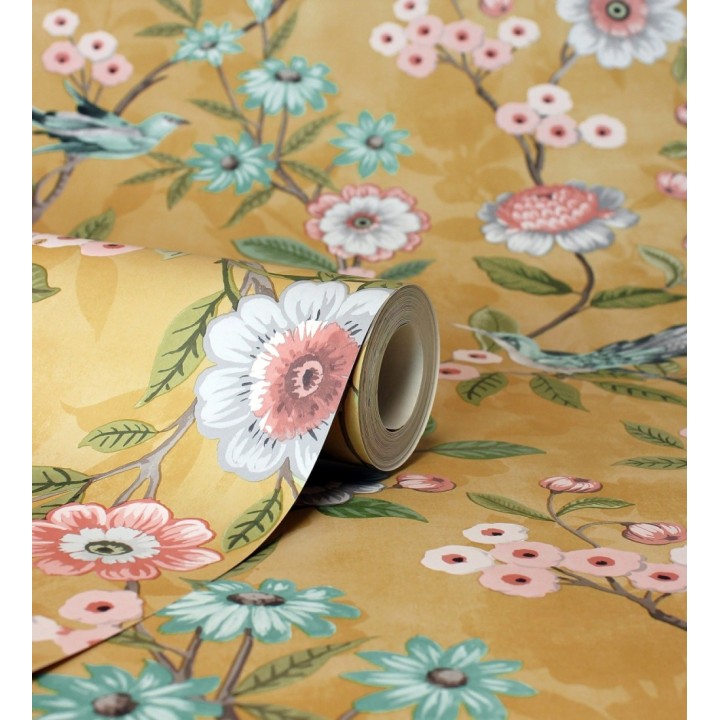 Papel pintado de flores y pájaros fondo ocre - Bird Haven 682907