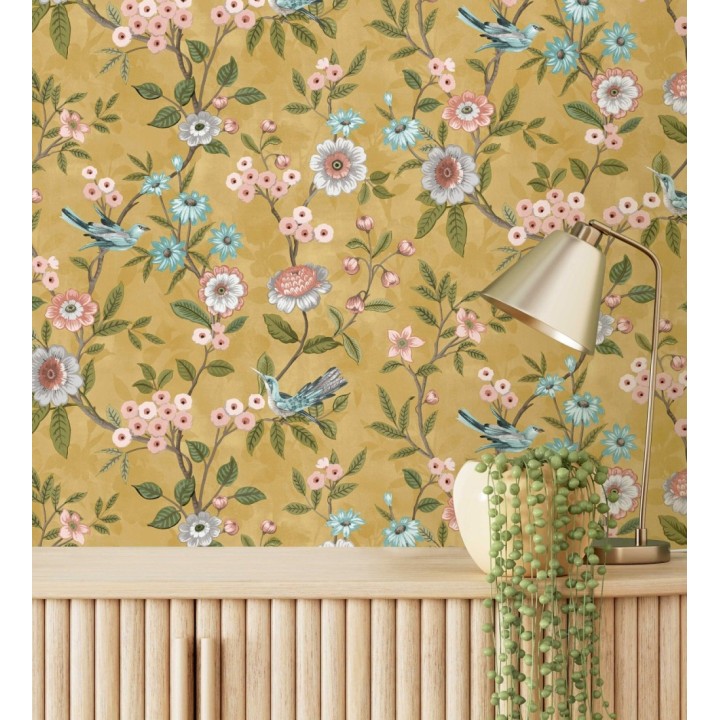 Papel pintado de flores y pájaros fondo ocre - Bird Haven 682907