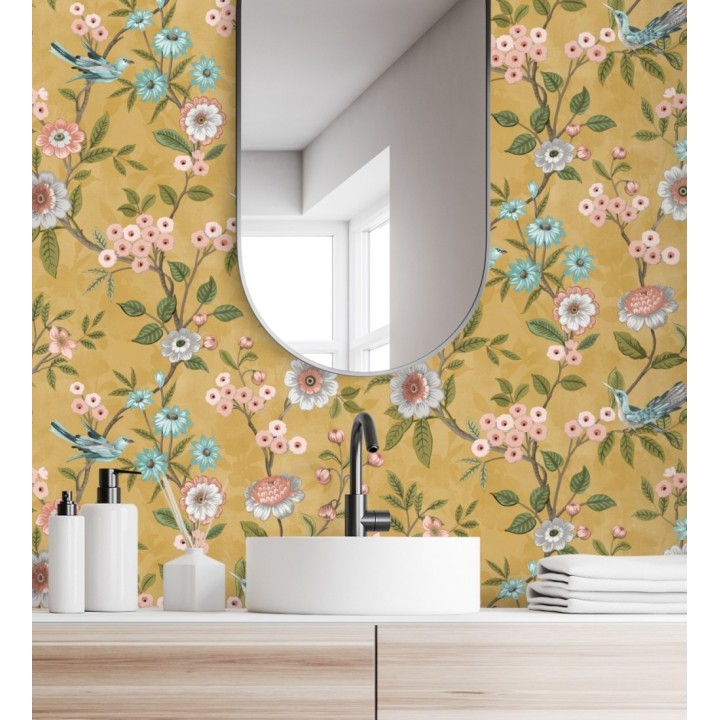 Papel pintado de flores y pájaros fondo ocre - Bird Haven 682907