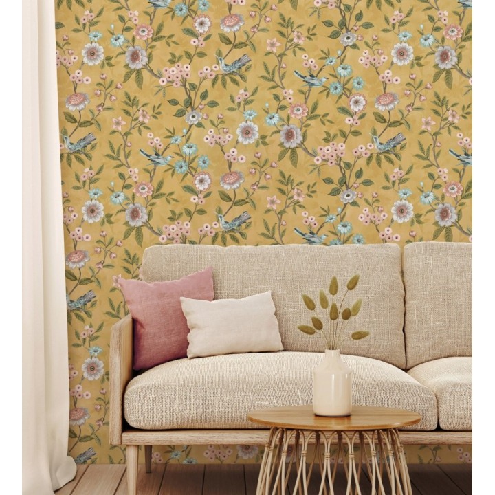 Papel pintado de flores y pájaros fondo ocre - Bird Haven 682907