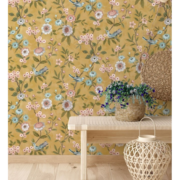 Papel pintado de flores y pájaros fondo ocre - Bird Haven 682907