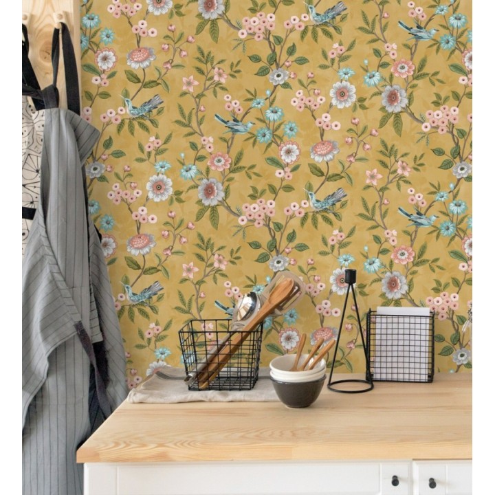 Papel pintado de flores y pájaros fondo ocre - Bird Haven 682907