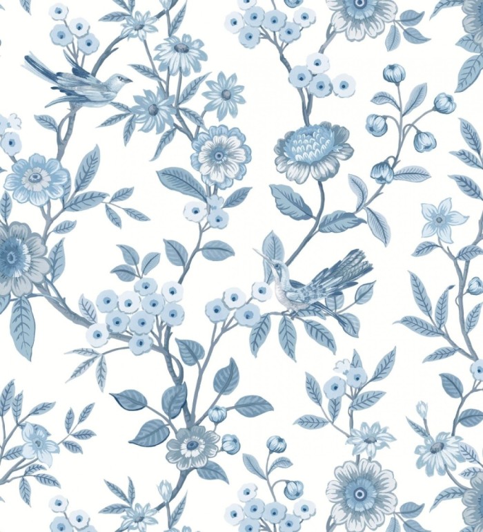 Papel pintado de flores y pájaros azul y blanco - Bird Haven 682908
